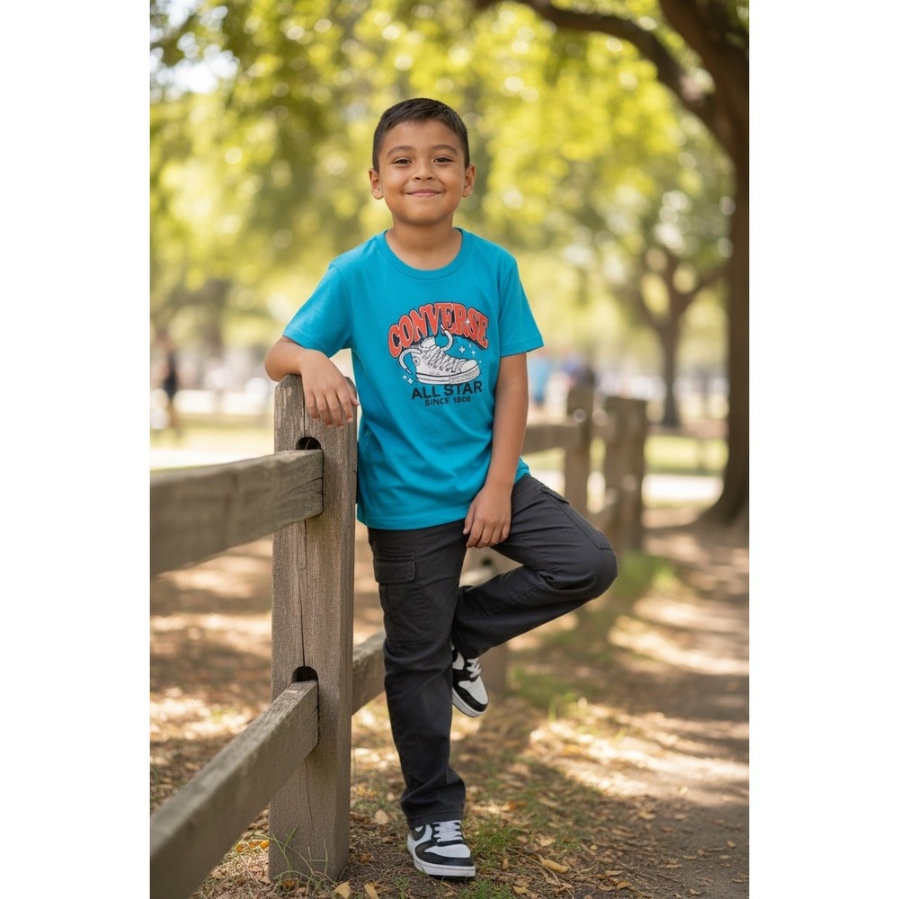 Converse Boys All Star Graphic T-Shirt Blue Cyan Short Sleeve Size 7 6-7‎ YRS